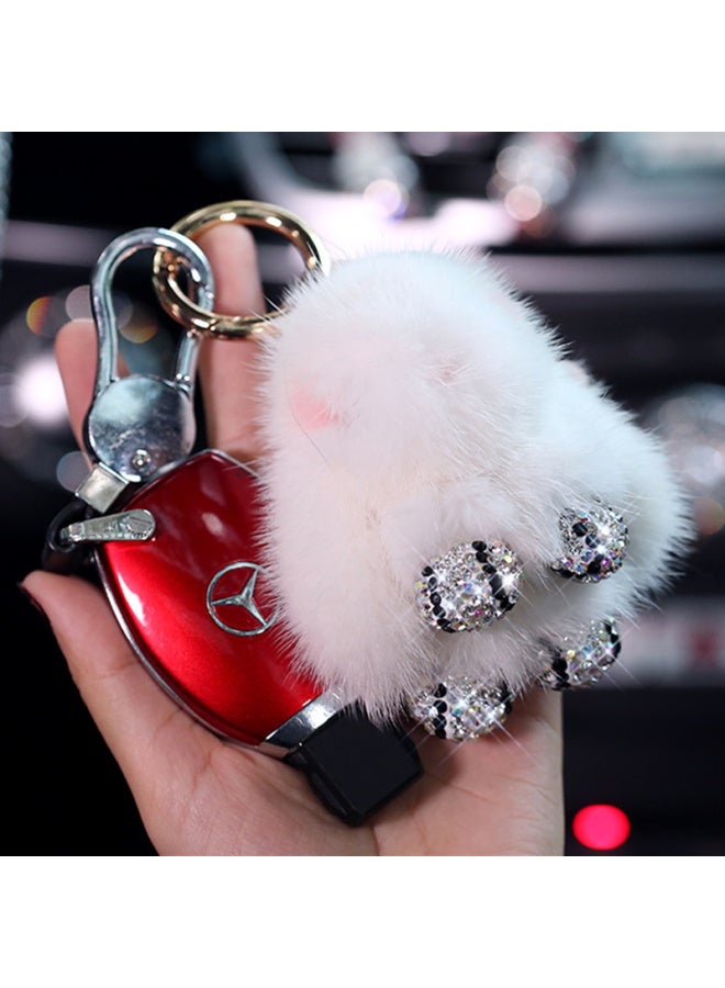 DiGallen Digalun Diamond-studded Cute Bunny Car Keychain Pendant Interior Decoration Cartoon Doll Female Fur Mink Plush Cute Bunny Official Car Accessories White - Image 1