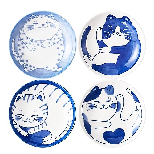 BigNoseDeer 4 Pcs 4 Inches Cute Cat Soy Sauce Dish,Ceramic Cat Bowls,Japanese Cat Plates,Dipping Bowls,Snack Dish,Small Ceramic Saucers Plates, Sushi Plate Set, Mini Bowls, Small Bowls for Sides Dish (4 Inch) - Image 1