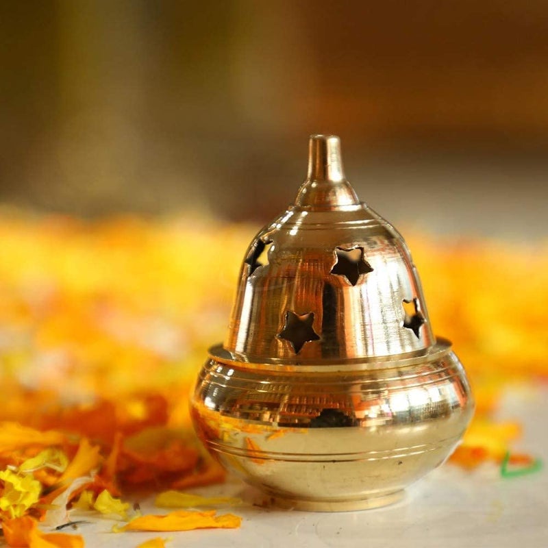 Saubhagya Saubhagya Apple Shape Brass Akhand Diya with Star Holes Cover Small Oil Lamp for Pooja Home Temple and Diwali  - Image 1