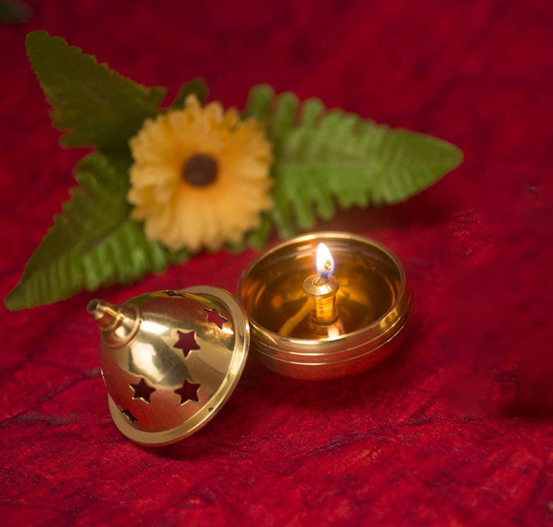 Saubhagya Saubhagya Apple Shape Brass Akhand Diya with Star Holes Cover Small Oil Lamp for Pooja Home Temple and Diwali  - Image 5