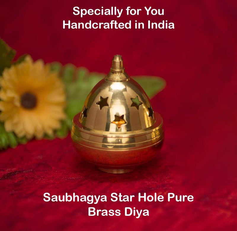 Saubhagya Saubhagya Apple Shape Brass Akhand Diya with Star Holes Cover Small Oil Lamp for Pooja Home Temple and Diwali  - Image 2