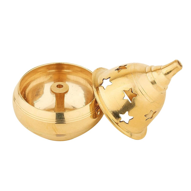 Saubhagya Saubhagya Apple Shape Brass Akhand Diya with Star Holes Cover Small Oil Lamp for Pooja Home Temple and Diwali  - Image 4