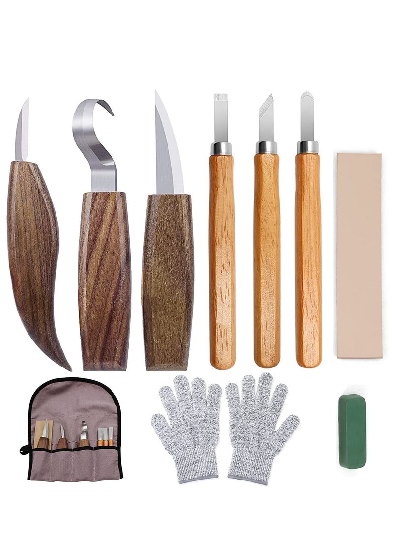 Excefore 10Pcs Wood Carving Kit, Convenient Tools Set Cut Resistant Gloves Spoon Hook Knife, Whittling Chip Detail Knife Sandpaper for Woodworking  - Image 1