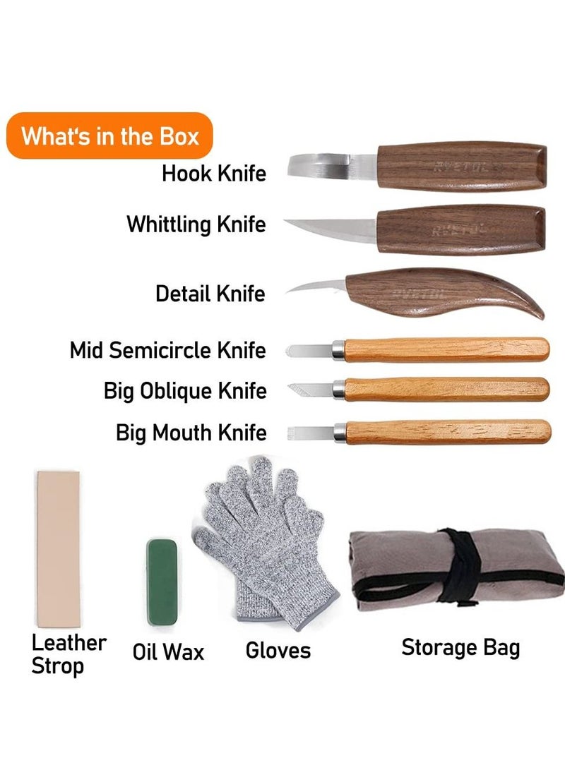 Excefore 10Pcs Wood Carving Kit, Convenient Tools Set Cut Resistant Gloves Spoon Hook Knife, Whittling Chip Detail Knife Sandpaper for Woodworking  - Image 5