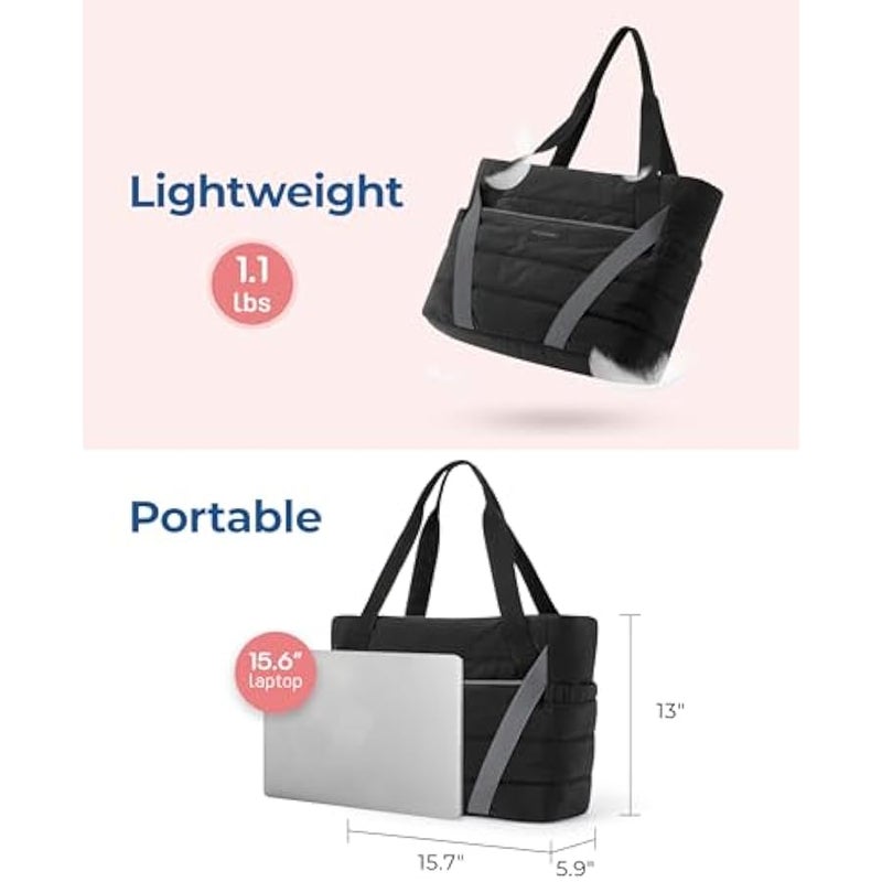 BAGSMART Tote Bag for Women with Zipper, Quilted Tote Bag Gym Tote with Yoga Mat Straps for Travel Sport - Image 2