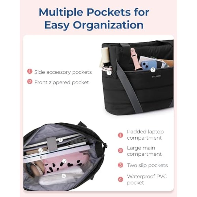 BAGSMART Tote Bag for Women with Zipper, Quilted Tote Bag Gym Tote with Yoga Mat Straps for Travel Sport - Image 3