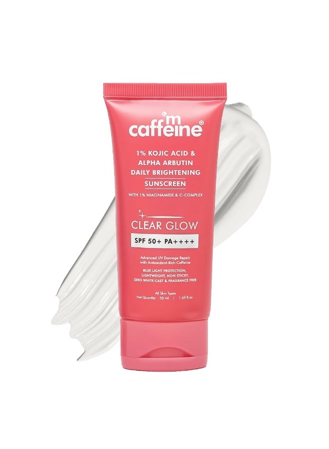 mCaffeine CLEAR GLOW 1% Kojic Acid & Alpha Arbutin Brightening Sunscreen SPF 50 PA++++ |Niacinamide-Dark Spots & Pigmentation| UVA-B Sun Protection|For Men & Women - 50ml For All Skin Type - Image 1