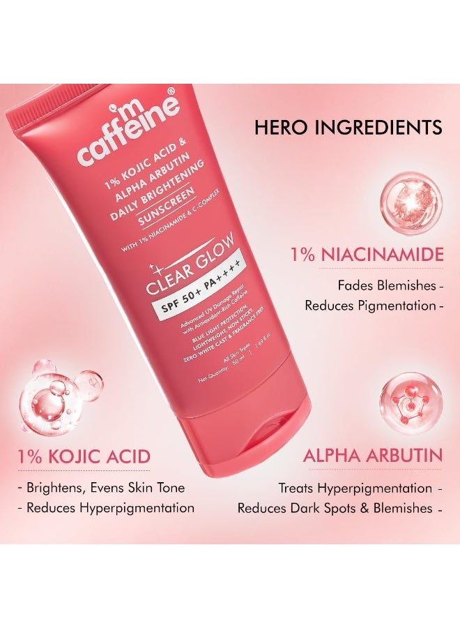 mCaffeine CLEAR GLOW 1% Kojic Acid & Alpha Arbutin Brightening Sunscreen SPF 50 PA++++ |Niacinamide-Dark Spots & Pigmentation| UVA-B Sun Protection|For Men & Women - 50ml For All Skin Type - Image 5