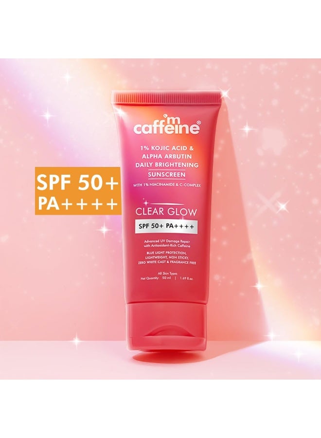 mCaffeine CLEAR GLOW 1% Kojic Acid & Alpha Arbutin Brightening Sunscreen SPF 50 PA++++ |Niacinamide-Dark Spots & Pigmentation| UVA-B Sun Protection|For Men & Women - 50ml For All Skin Type - Image 3