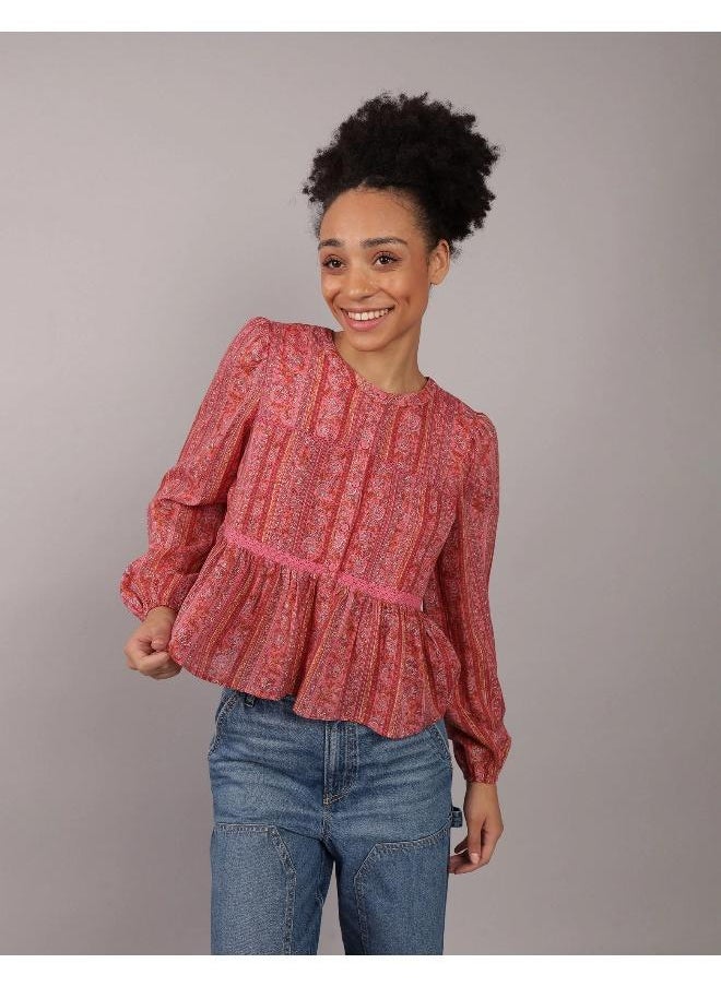 American Eagle بلوزة AE FLOWY مطبوعة بأكمام طويلة  - Image 1