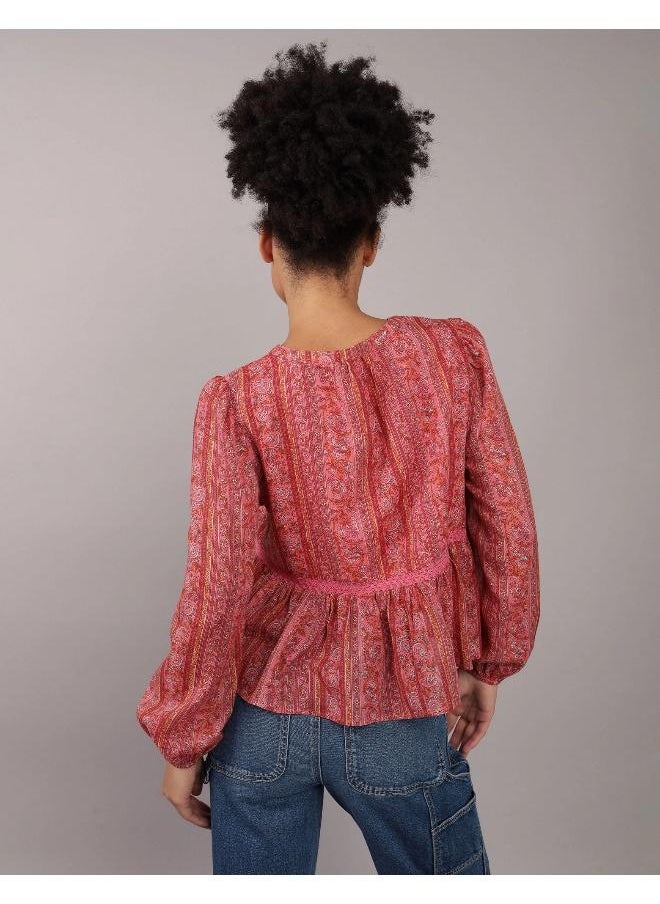 American Eagle بلوزة AE FLOWY مطبوعة بأكمام طويلة  - Image 2