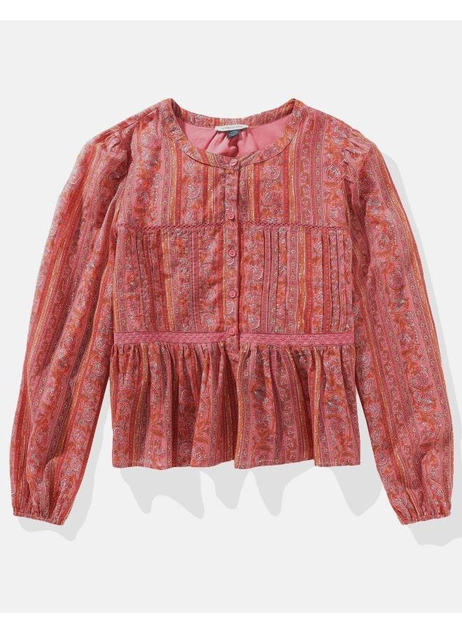 American Eagle بلوزة AE FLOWY مطبوعة بأكمام طويلة  - Image 3