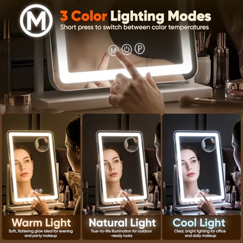 Antok Vanity Mirror with Lights 14X18 Lighted Makeup Mirror Smart Touch 3 Color Modes and Brightness Adjustable LED Vanity Mirror with Detachable 10X Magnification 360 Rotation for Makeup Desk - Image 3