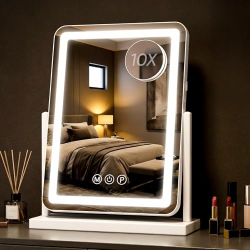 Antok Vanity Mirror with Lights 14X18 Lighted Makeup Mirror Smart Touch 3 Color Modes and Brightness Adjustable LED Vanity Mirror with Detachable 10X Magnification 360 Rotation for Makeup Desk - Image 1