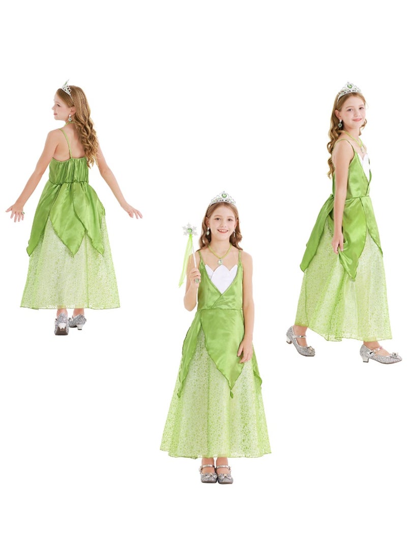 Zikra Princess Tiana Dress Set for Girls Cosplay Costume Up Crown Gloves Earrings Necklace Ring Magic Wand Kids Birthday Party Outfits Clothes 130cm - Image 3