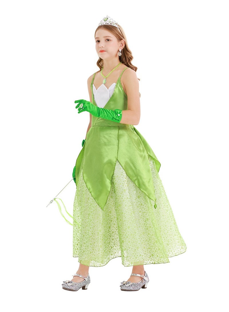 Zikra Princess Tiana Dress Set for Girls Cosplay Costume Up Crown Gloves Earrings Necklace Ring Magic Wand Kids Birthday Party Outfits Clothes 130cm - Image 4