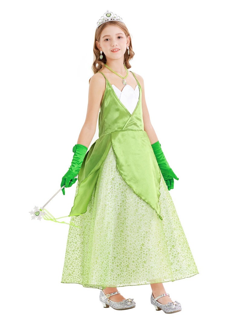 Zikra Princess Tiana Dress Set for Girls Cosplay Costume Up Crown Gloves Earrings Necklace Ring Magic Wand Kids Birthday Party Outfits Clothes 130cm - Image 2