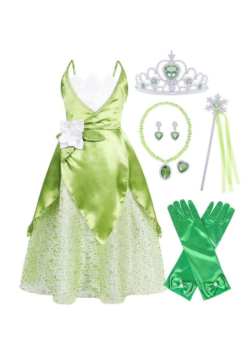 Zikra Princess Tiana Dress Set for Girls Cosplay Costume Up Crown Gloves Earrings Necklace Ring Magic Wand Kids Birthday Party Outfits Clothes 130cm - Image 1