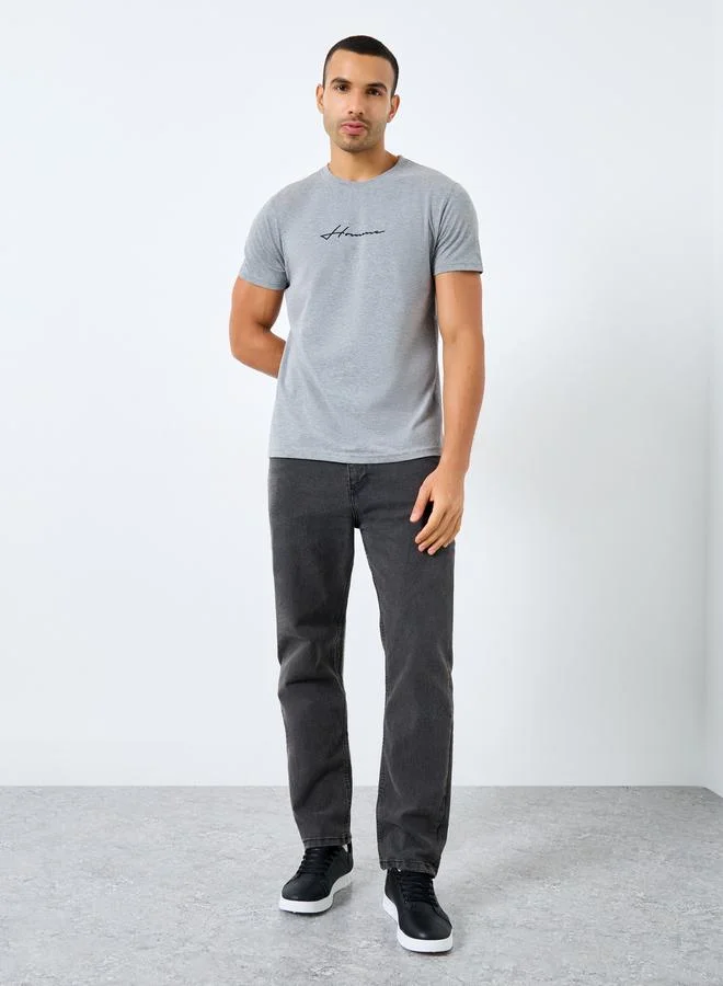 Styli Men Grey Slogan Print Crew Neck T-Shirt