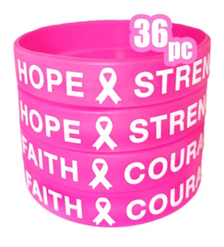 AISENO 36 Pcs Breast Cancer Awareness Pink Ribbon Bracelets Rubber Wristbands Strength Hope Faith Courage Party Wristband Supplies Unisex - Image 1