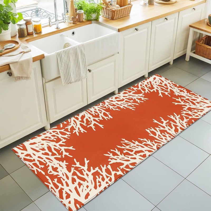 Hallway Runner Rug 2'x6', Orange Coastal Washable Bathroom Area Rugs for Kitchen Bedroom Laundry, White Coral Ocean Beach Nautical Marine Non Slip Door Mat Indoor Entrance Floor Throw Bedsides Carpet - Image 1