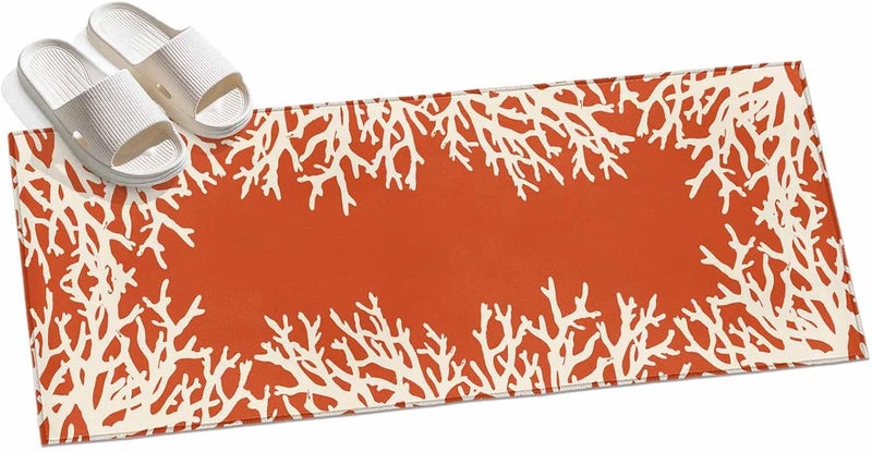 Hallway Runner Rug 2'x6', Orange Coastal Washable Bathroom Area Rugs for Kitchen Bedroom Laundry, White Coral Ocean Beach Nautical Marine Non Slip Door Mat Indoor Entrance Floor Throw Bedsides Carpet - Image 3