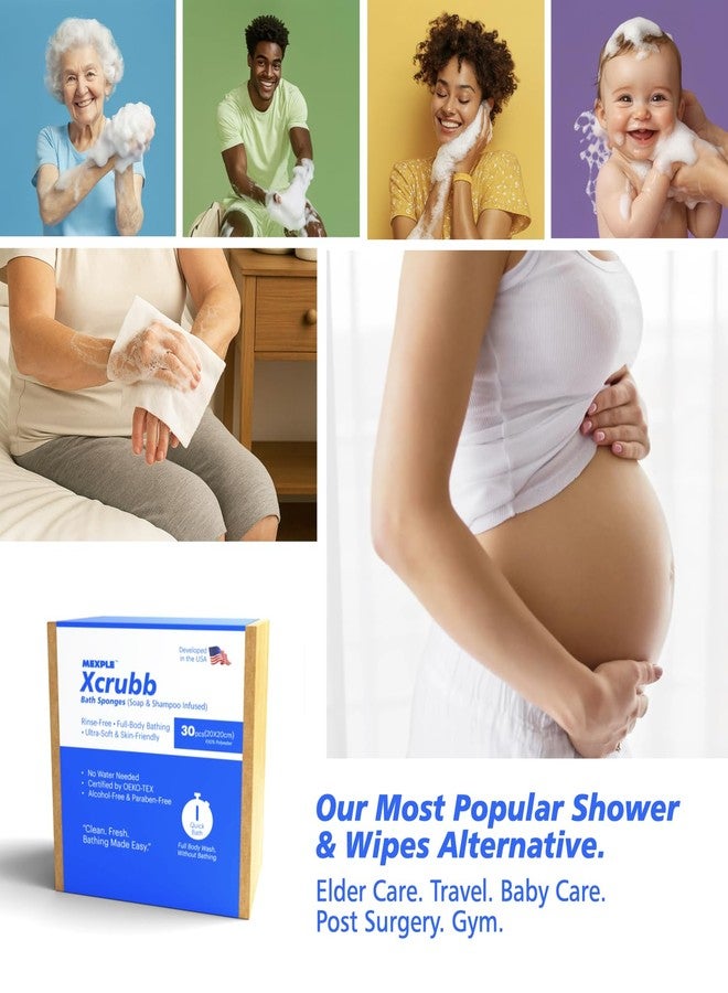 MEXPLE Xcrubb Rinse-Free Bathing Wipes | 30 Disposable No-Rinse Body Wash Wipes for Elderly, Bedridden Patients & Travel | Simply Dampen, Lather & Dry | Full Body Cleansing Without Water or Shampoo - Image 5