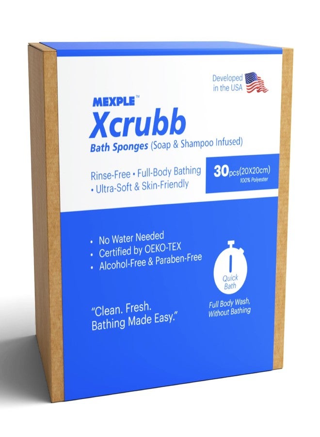 MEXPLE Xcrubb Rinse-Free Bathing Wipes | 30 Disposable No-Rinse Body Wash Wipes for Elderly, Bedridden Patients & Travel | Simply Dampen, Lather & Dry | Full Body Cleansing Without Water or Shampoo - Image 1