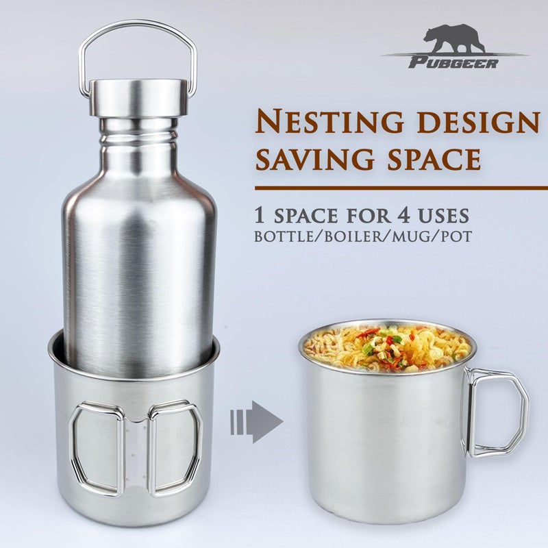 Pubgeer Canteen 42oz Single Wall Water Bottle with 24oz Nested Camping Cup and Carrier Bag, Stainless Steel, Bushcraft Gear, Wide Mouth Water Bottle, Survival Gear, Water Boiler, Self Reliance - Image 4