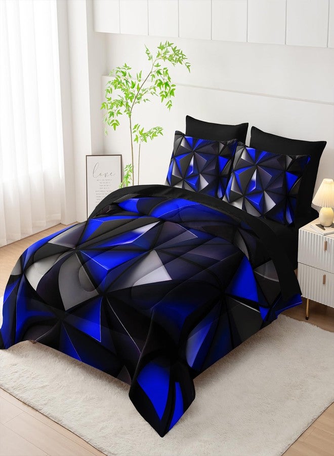 UEVBF Geometric King Comforter Set,Blue Black Honeycomb Bedding Set 7 Piece with Comforter Fitted Sheet Flat Sheet Pillowcases,Bed Sets Geometry Decor,Microfiber Lightweight All Season. - Image 3