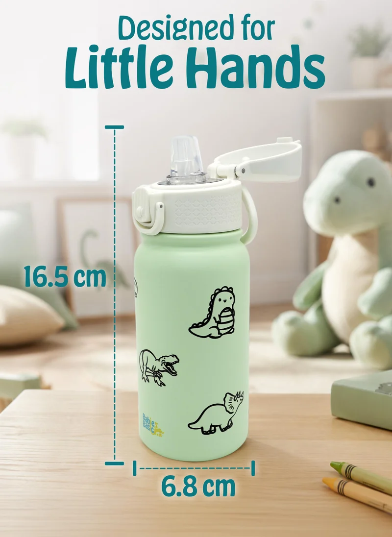 Babies Basic Babies Basic Kids Stainless Steel Water Bottle with Straw - 350ml – Double Wall Vacuum Insulated, Leakproof Thermal Flask, BPA-Free, Reusable Drinking Bottle for School & Travel - Dinosaur Themed -Green