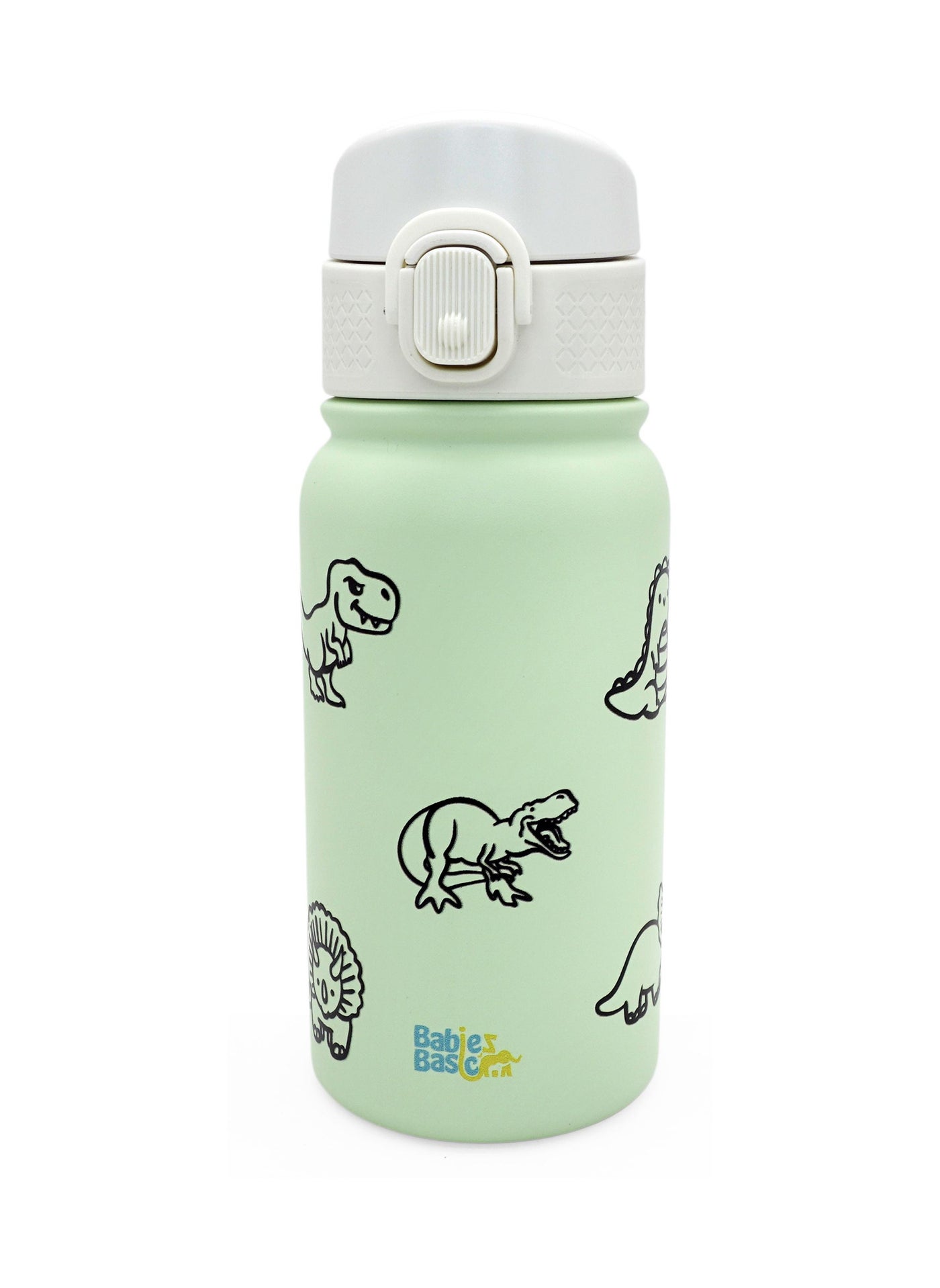 Babies Basic Kids Stainless Steel Water Bottle with Straw - 350ml – Double Wall Vacuum Insulated, Leakproof Thermal Flask, BPA-Free, Reusable Drinking Bottle for School & Travel - Dinosaur Themed -Gre