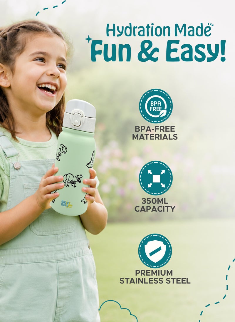 Babies Basic Kids Stainless Steel Water Bottle with Straw - 350ml – Double Wall Vacuum Insulated, Leakproof Thermal Flask, BPA-Free, Reusable Drinking Bottle for School & Travel - Dinosaur Themed -Green - Image 3