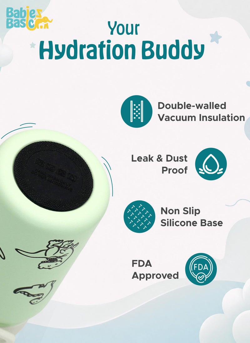 Babies Basic Kids Stainless Steel Water Bottle with Straw - 350ml – Double Wall Vacuum Insulated, Leakproof Thermal Flask, BPA-Free, Reusable Drinking Bottle for School & Travel - Dinosaur Themed -Green - Image 5