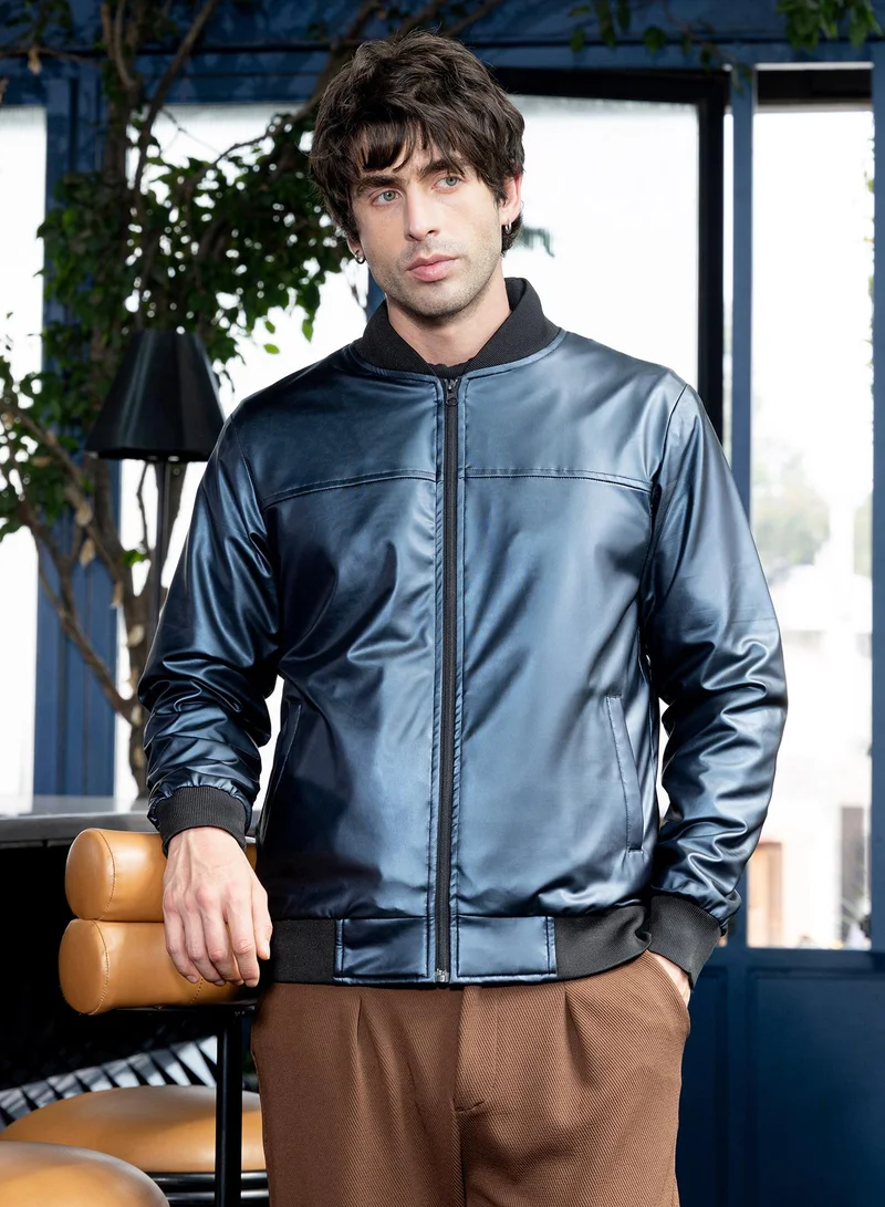 كامبوس سوترا Men Patent-Panel Bomber Jacket | Ribbed-Baseball Collar, Long Ribbed-Cuff Sleeves | Zipper , Ribbed-Straight Hem | Colourblock Coated Woven Fabric For Casual & Daily Wear | Navy Blue
