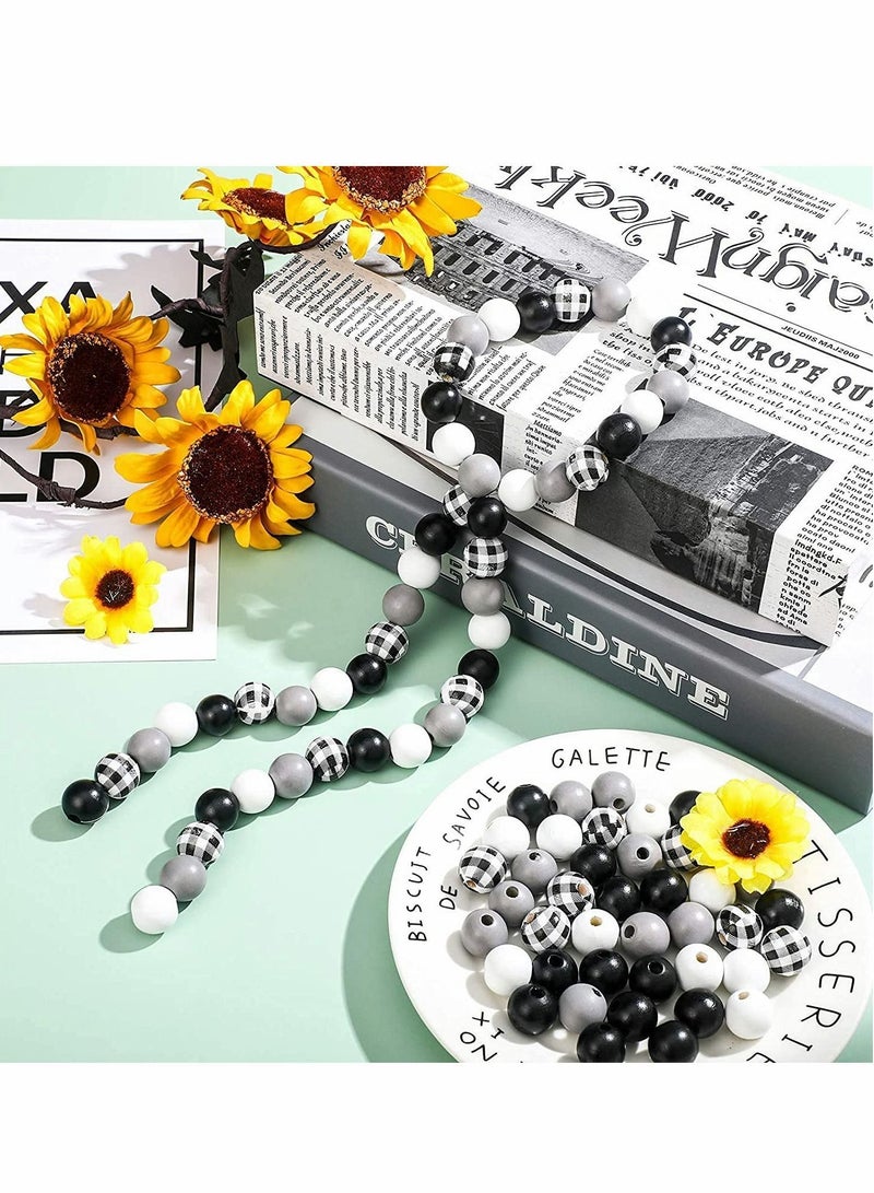 Y&D Wood Beads, 100 Pcs 16MM Craft Plaid Summer Bead Farmhouse Beads Colorful Polished Round for DIY Garland Crafts Jewelry Bracelet Making, Home Holiday Decor(Black White Grey Plaid)  - Image 2