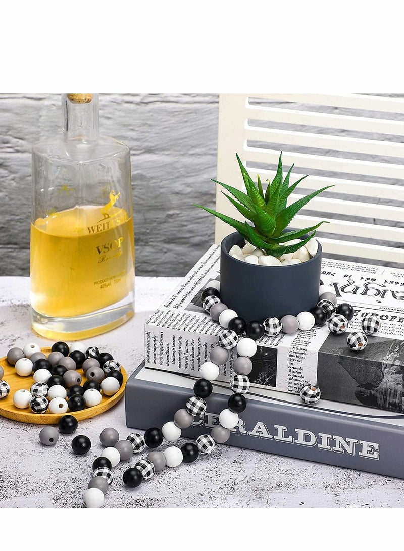 Y&D Wood Beads, 100 Pcs 16MM Craft Plaid Summer Bead Farmhouse Beads Colorful Polished Round for DIY Garland Crafts Jewelry Bracelet Making, Home Holiday Decor(Black White Grey Plaid)  - Image 5