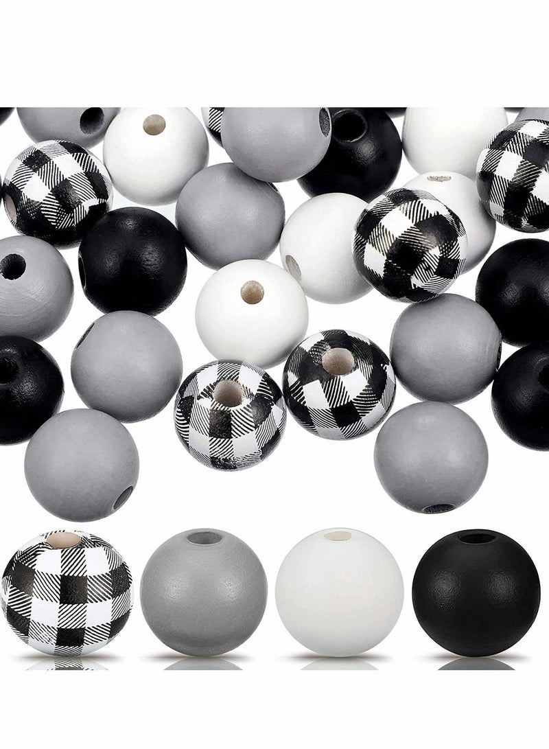 Y&D Wood Beads, 100 Pcs 16MM Craft Plaid Summer Bead Farmhouse Beads Colorful Polished Round for DIY Garland Crafts Jewelry Bracelet Making, Home Holiday Decor(Black White Grey Plaid)  - Image 1