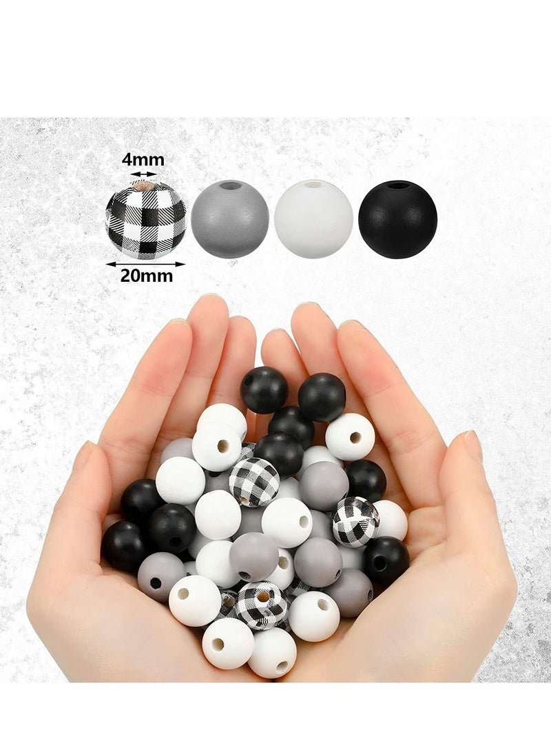 Y&D Wood Beads, 100 Pcs 16MM Craft Plaid Summer Bead Farmhouse Beads Colorful Polished Round for DIY Garland Crafts Jewelry Bracelet Making, Home Holiday Decor(Black White Grey Plaid)  - Image 4