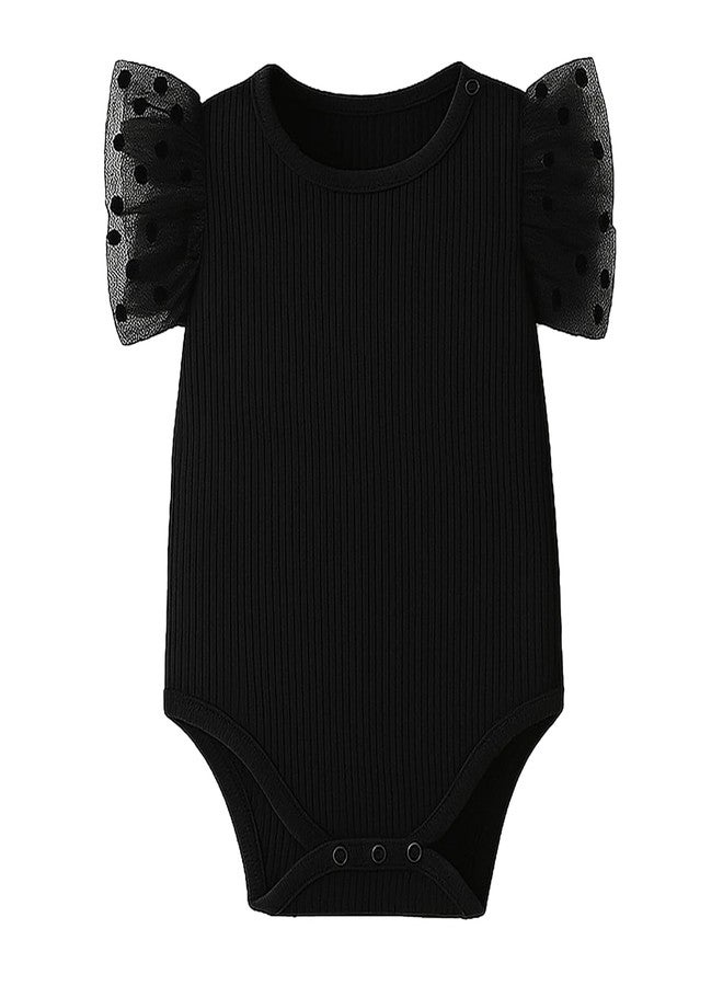 ROMPERINBOX Baby Girl Onsies Polka Dot Mesh Puff Sleeve Rib-Knit Short Sleeve Round Neck Bodysuit, Black, 6-9 Months - Image 1