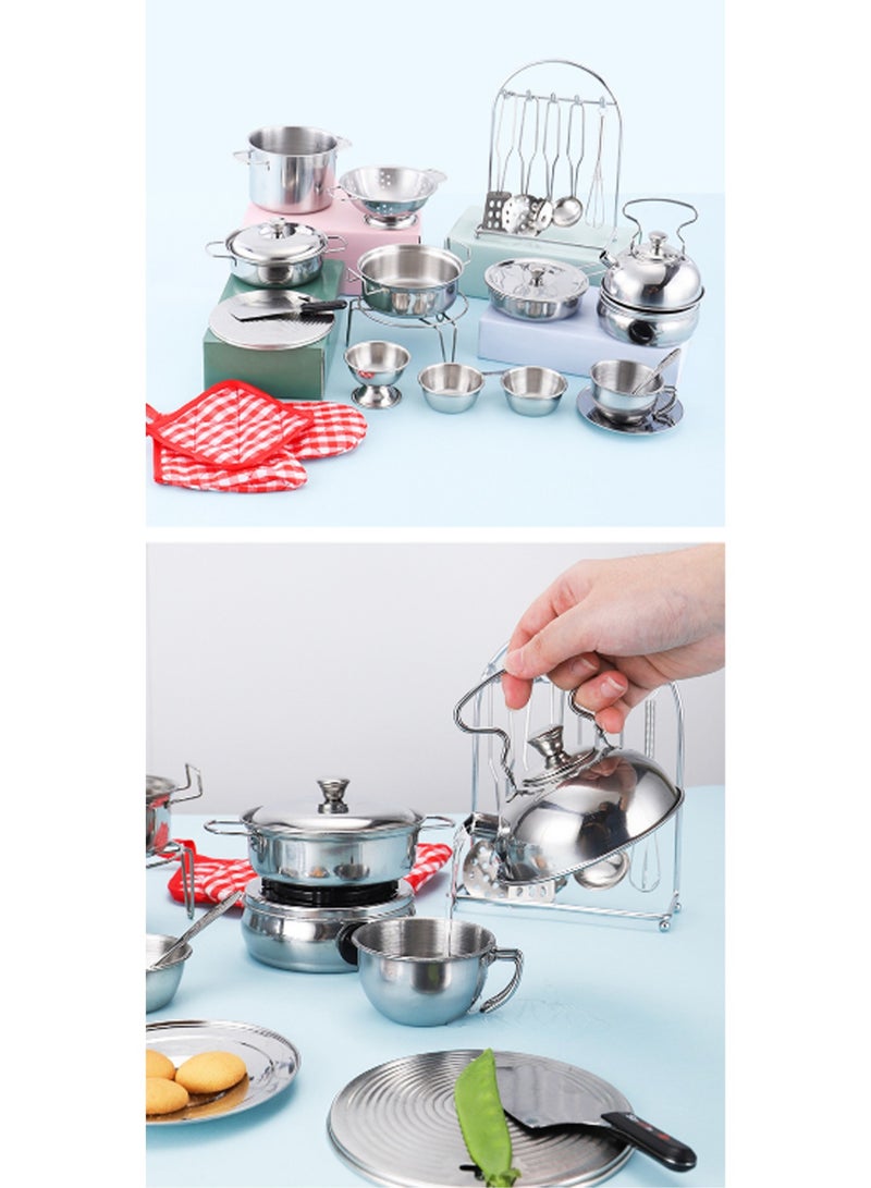 25-Piece Steamer + Rack Set, Mini Kitchen Role Play Accessories, Small Size Stainless Steel Cookware, Cooking Utensils, Toy Pots, Educational Toys For Kids, Toddlers, Boys And Girls - Image 3