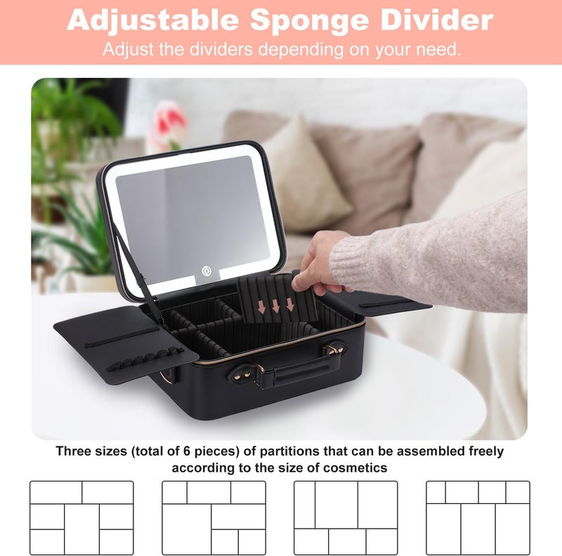 Mocado Travel Makeup Bag with LED Lighted Mirror,Makeup Case with 3 Color Lighted Setting and 10x Magnifying Mirror, Portable Storage and Adjustable Dividers (Black with Hard Leather) - Image 4