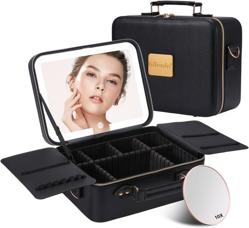 Mocado Travel Makeup Bag with LED Lighted Mirror,Makeup Case with 3 Color Lighted Setting and 10x Magnifying Mirror, Portable Storage and Adjustable Dividers (Black with Hard Leather) - Image 1