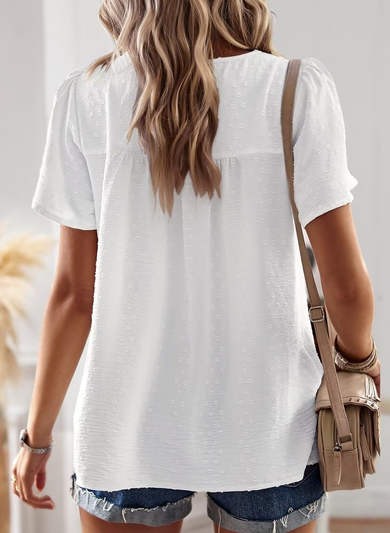 Falechay Womens Summer Blouses Crew Neck Lace Hem Basic Tee Shirts Flowy Chiffon Blouses Clothing for Women White L - Image 3