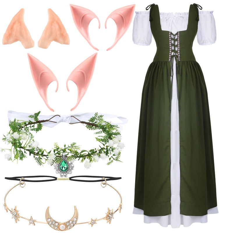 Bonuci 6 Pcs Women Renaissance Costume Fairy Medieval Victorian Dress Elf Ears Fairy Headpiece for Halloween Cosplay Outfit2xl 3xlOlive Green