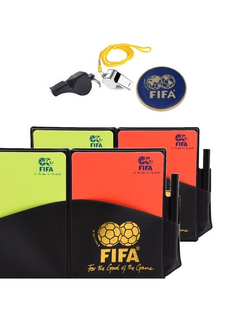 مجموعة من 5 قطع من بطاقات حكام كرة القدم الحمراء والصفراء، وصافرات حكام معدنية وحافظة جلدية وقلم معدات حكام كرة القدم