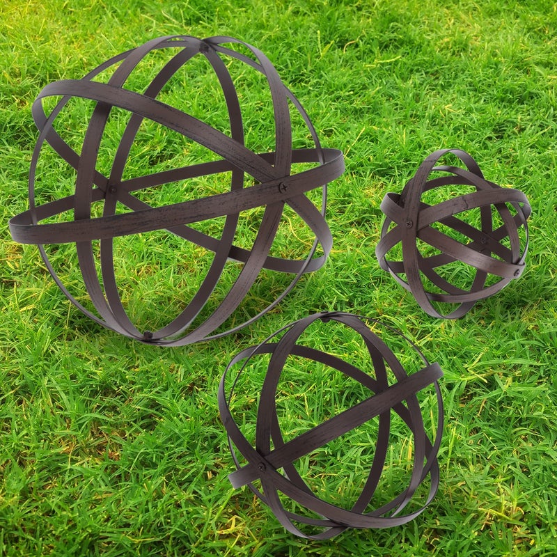3 PCS Garden Spheres Balls Assorted Size Distressed Metal Band Decorative Sphere Folding Orbs Sculpture for Outdoor Indoor Decorations 7 10 12 Diameter Rusty