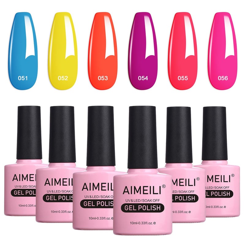 AIMEILI طلاء أظافر جل نيون وردي ساخن من AIMEILI، خالي من الهيما، خالي من القسوة، نباتي، مجموعة طلاء أظافر صيفية صفراء قابلة للإزالة، تتكون من 6 قطع سعة 10 مل - مجموعة كيت 11 - Image 1