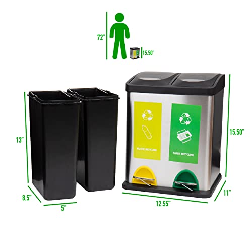 Mind Reader Dual Recycling Bin, Kitchen Trash Can, Garbage Bin, Lid, Stainless Steel, 18" L x 10.5" W x 15.5" H, Silver - Image 3