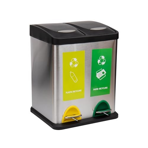 Mind Reader Dual Recycling Bin, Kitchen Trash Can, Garbage Bin, Lid, Stainless Steel, 18" L x 10.5" W x 15.5" H, Silver - Image 1